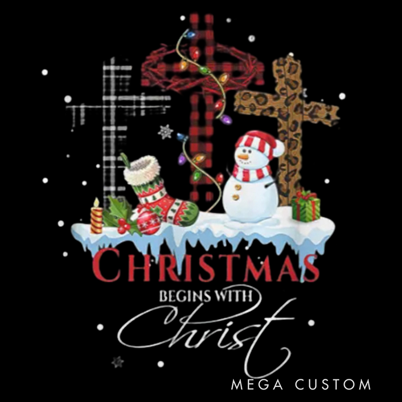 Personalized Christmas Begins With Christ Snowman Love Jesus Christmas Family Matching Crew Neck T-Shirts with Name Christmas Gift Religious Gift