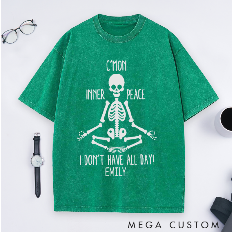 Personalized Skeleton Meditation Washed T-Shirt with Funny Inner Peace Design Perfect Gift for Yoga Lover and Daily Wear