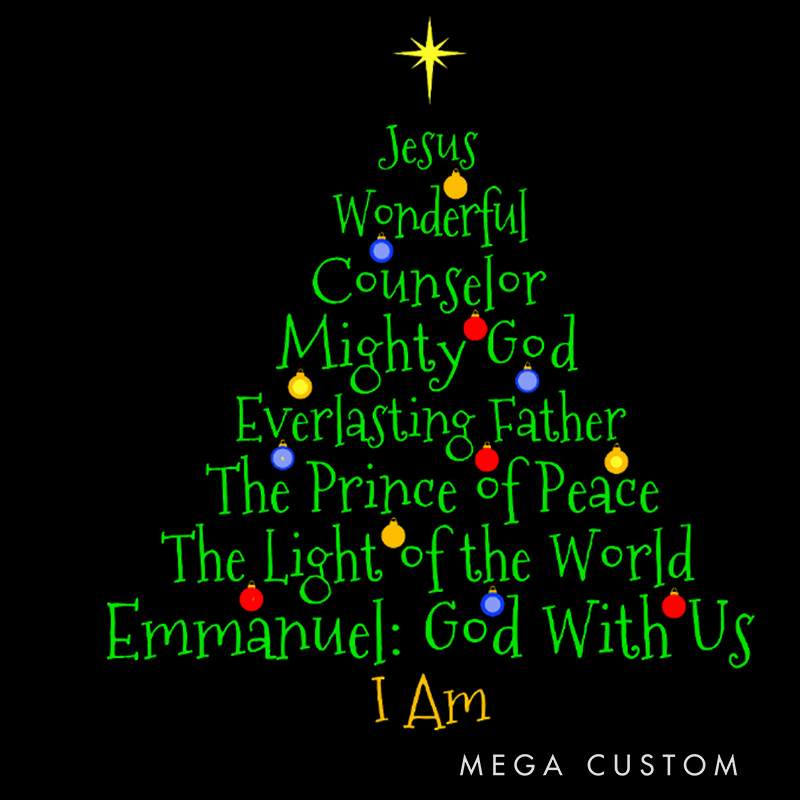 Personalized Bible Names of Jesus Tree Shap Christmas Family Matching Crew Neck T-Shirts with Name Christmas Gift Religious Gift