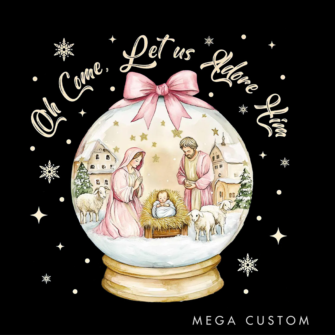 Personalized Oh Come Let Us Adore Him Family Matching Christmas T-Shirt with Name Nativity Scene Tee Jesus Christmas Shirt Christian Christmas Gift