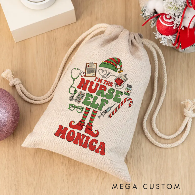 Personalised Christmas Santa Sack for Nurse Custom I'm the Nurse Elf Design Sack Christmas Gift