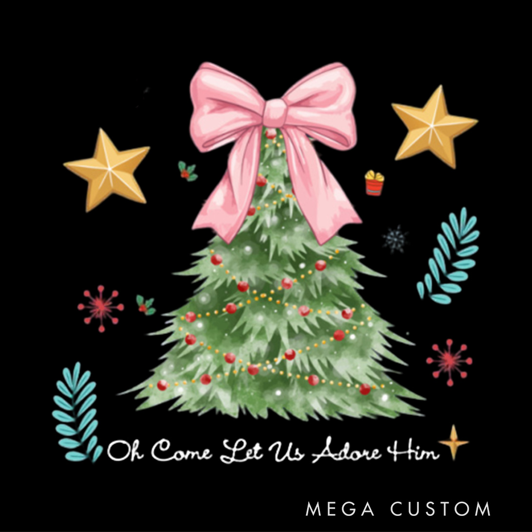 Personalized Oh Come Let Us Adore Him Family Matching Christmas T-Shirt with Name Christmas Tree Shirt Christian Christmas Gift