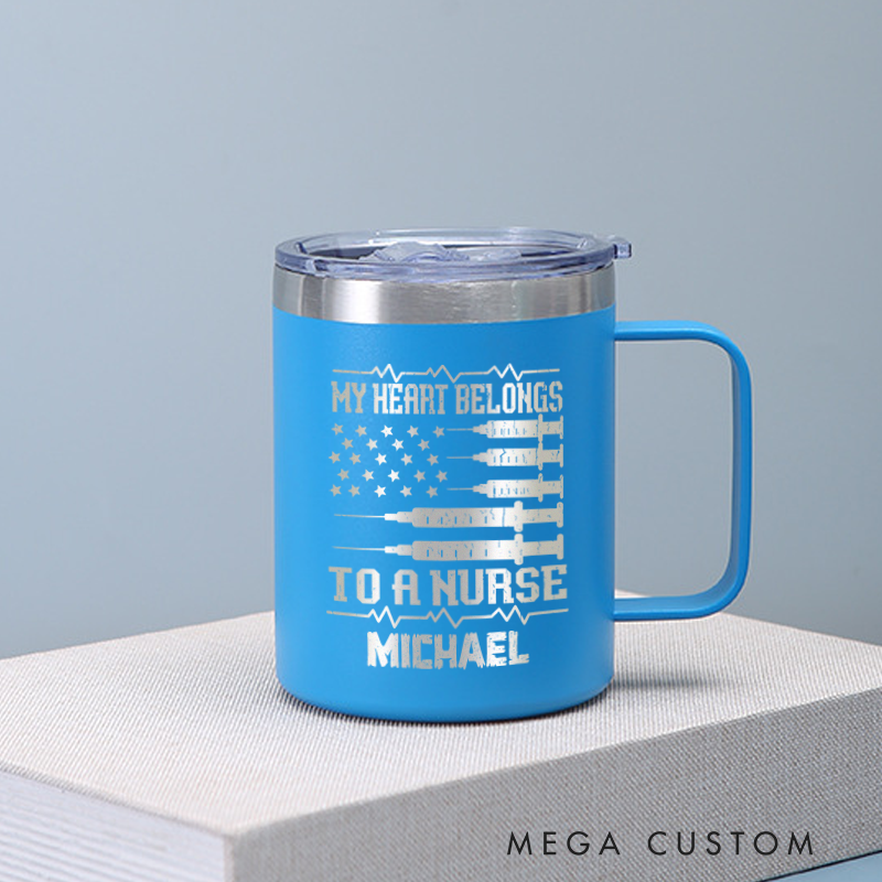 Personalized Laser Engraved Coffee Mug Custom My Heart Belongs to a Nurse Design Coffee Mugs Insulated Stainless Steel Mugs