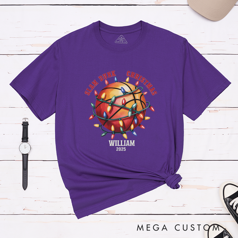 Personalized Christmas Basketball T-Shirt with Custom Name, Year, and Festive Holiday Lights Design