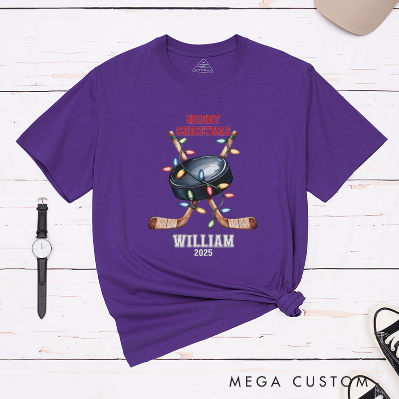 Personalized Christmas Hockey T-Shirt with Custom Name, Year, and Festive Holiday Lights Design