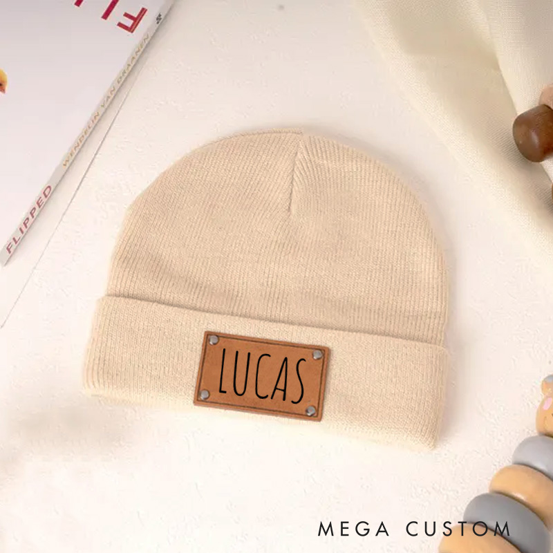 Personalized Beanie with Name Hat Engraved Leather Patch Beanie