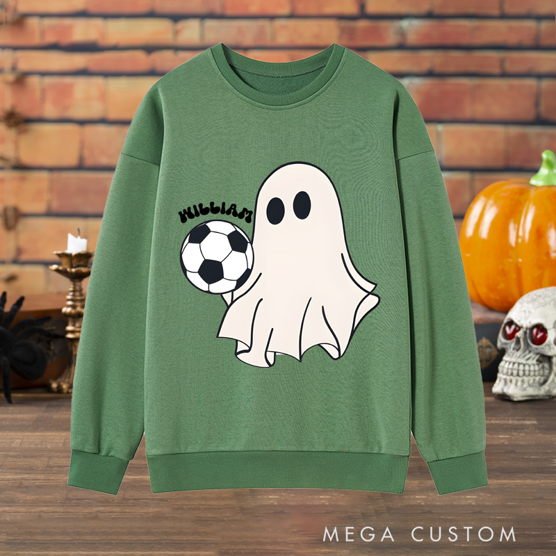Personalized Halloween Soccer Sweatshirt with Cute Ghost, Soccer Ball, and Custom Name Design