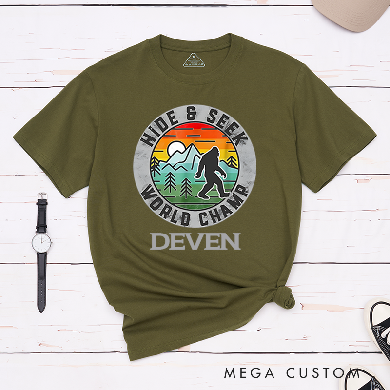 Personalized Hide & Seek World Champ T-Shirt Bigfoot Retro Shirt Gift for Hiking Outdoors Lover