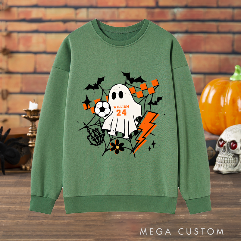 Personalized Halloween Sweatshirt with Ghost, Soccer Ball, Custom Name, and Number Design