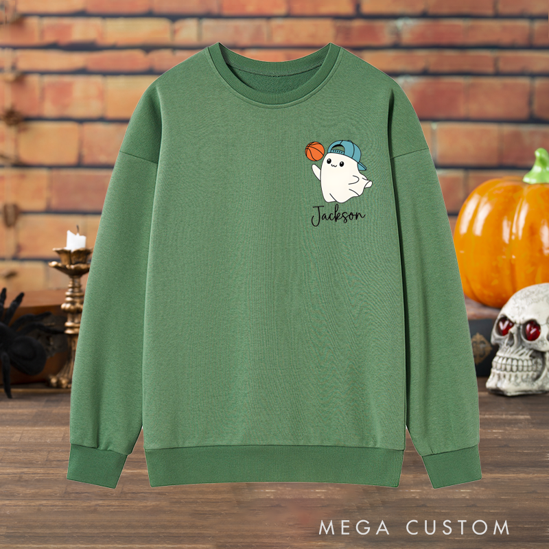Personalized Halloween Sweatshirt with Cute Ghost, Basketball, and Custom Name Design