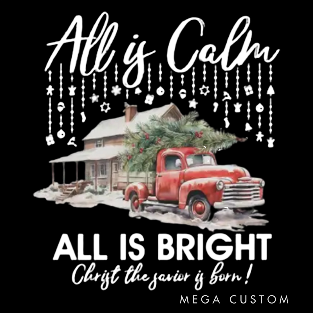 Personalized All is Calm All is Bright Christmas Family Matching Crew Neck T-Shirts with Name Religious Gift for Family