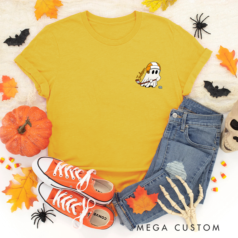 Personalized Halloween T-Shirt with Ghost, Fall Leaves, and Custom Name Design