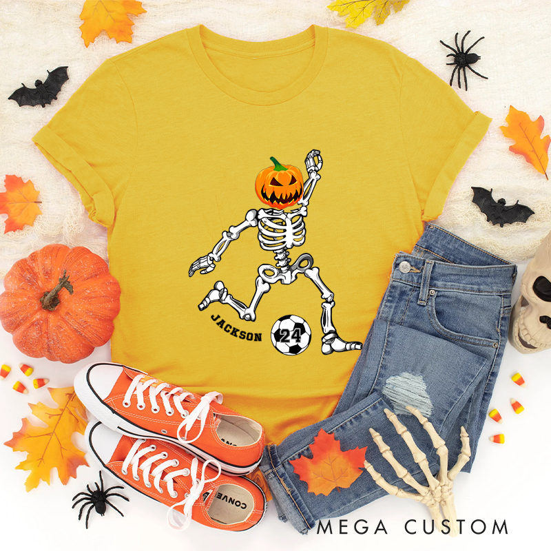 Personalized Halloween T-Shirt with Skeleton, Pumpkin Head, Soccer Ball, Custom Name, and Number Design