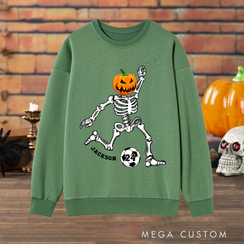 Personalized Halloween Sweatshirt with Skeleton, Pumpkin Head, Soccer Ball, Custom Name, and Number Design
