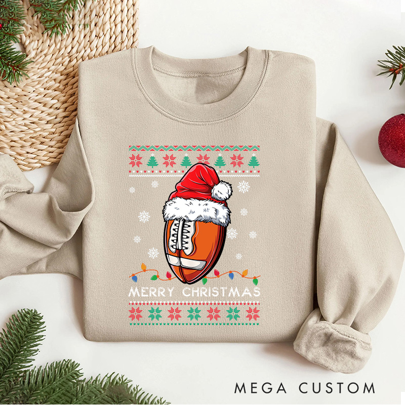 Personalized American Football Design Christmas Sweatshirt with Custom Text,Celebrate the Season in Style
