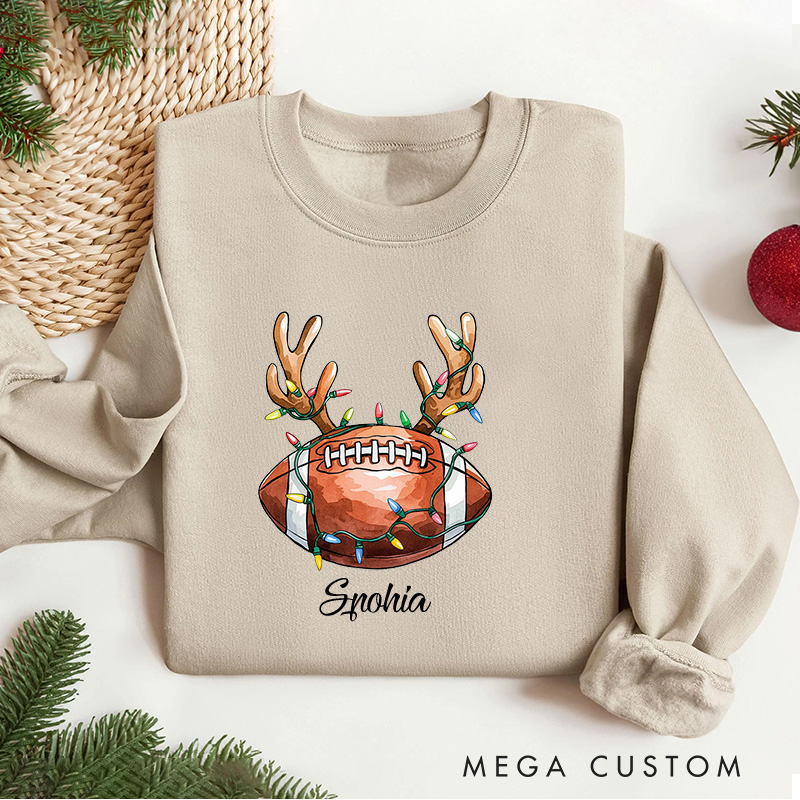 Personalized American Football Reindeer Christmas Sweatshirt with Custom Name for Holiday Cheer in Every Play