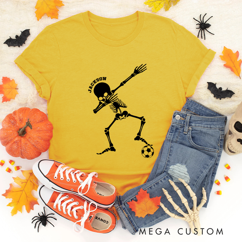 Personalized Halloween T-Shirt with Dabbing Skeleton, Soccer Ball, and Custom Name Design