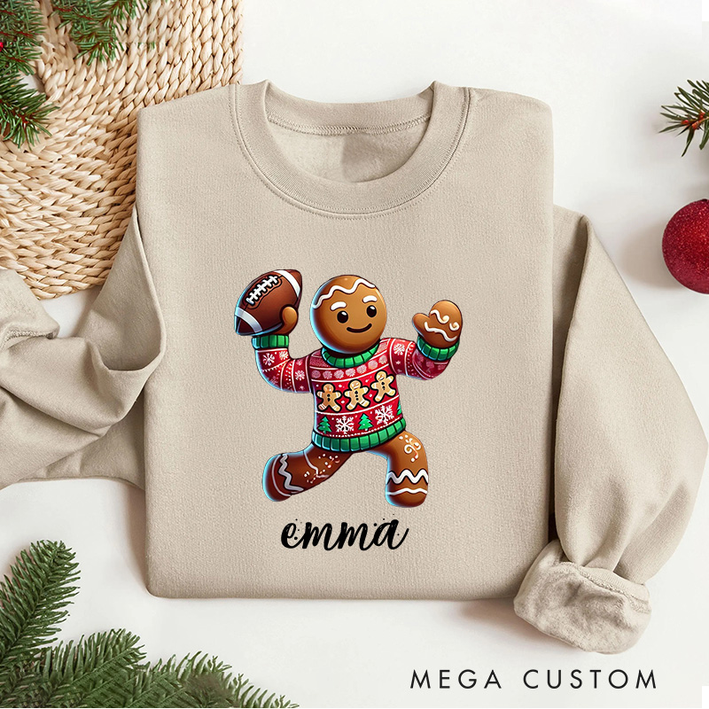 Personalized American Football Gingerbread Design Christmas Sweatshirt with Custom Name