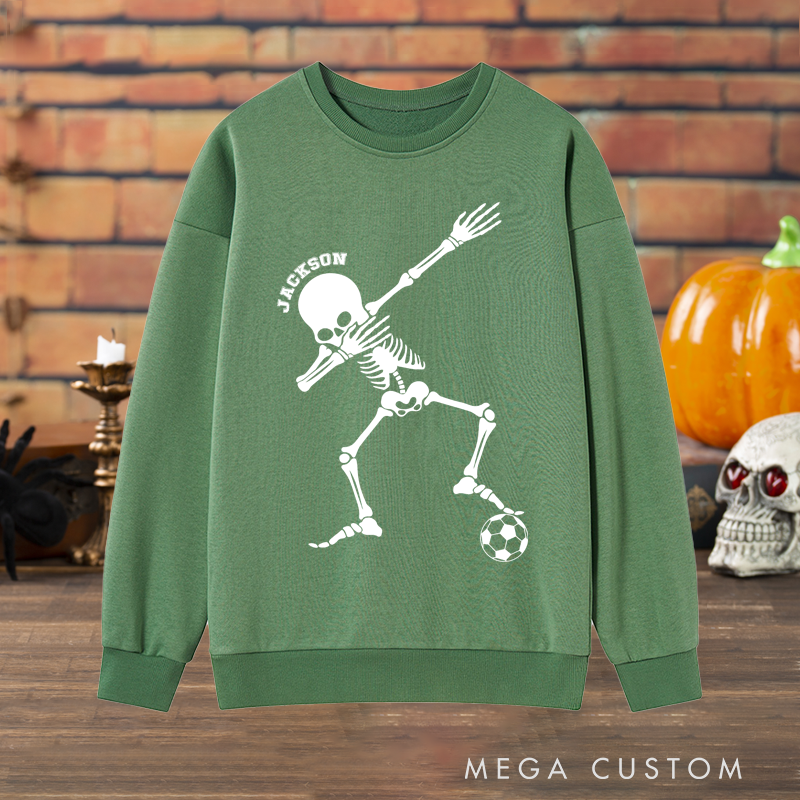 Personalized Halloween Sweatshirt with Dabbing Skeleton, Soccer Ball, and Custom Name Design