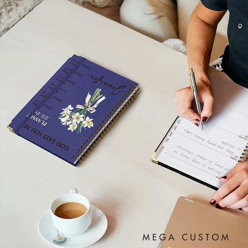 Personalized Flower Bouquet Bible Verse Planner 25-26 Spiral A5 Notebook with Name Birthday Gift Religious Gift for Christian