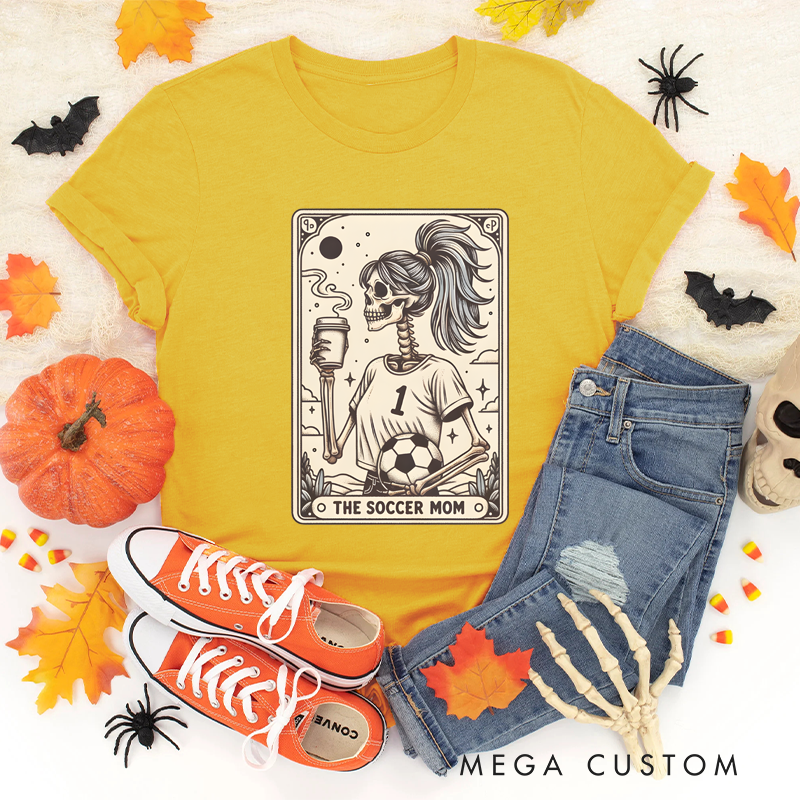Personalized "The Soccer Mom" Halloween T-Shirt with Skeleton Tarot Card Design and Custom Number