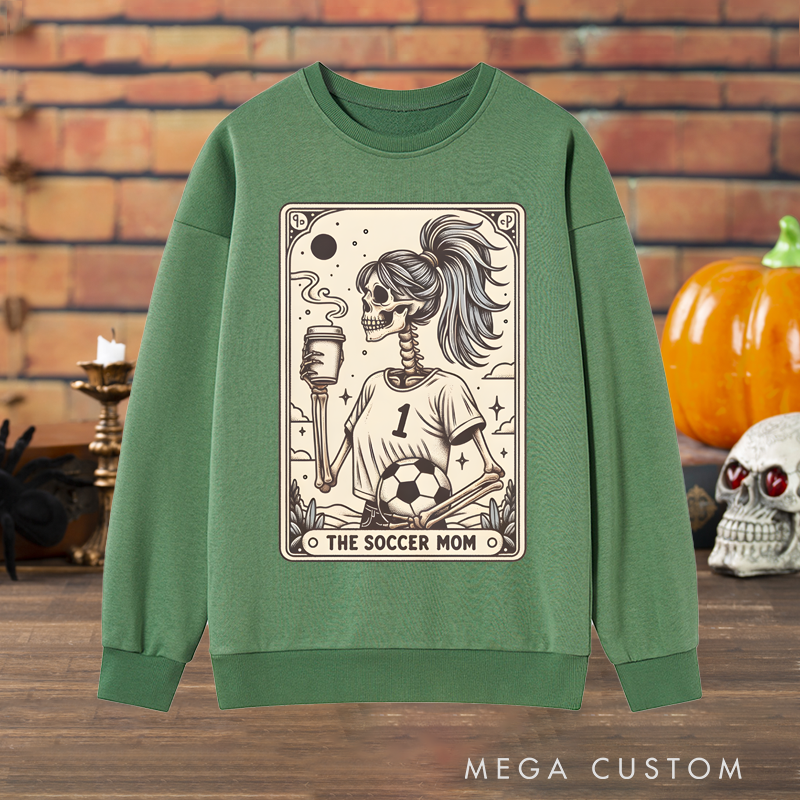 Personalized "The Soccer Mom" Halloween Sweatshirt with Skeleton Tarot Card Design and Custom Number