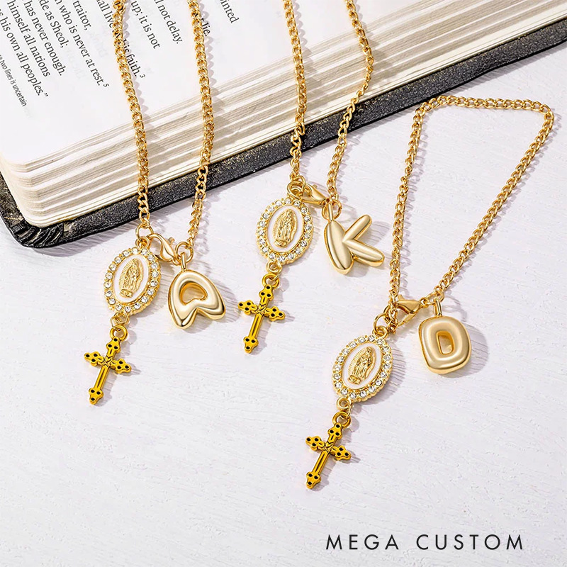 Personalized Zircon Virgin Mary and Cross Steering Wheel Rosary Charm with Bubble Initial Car Decor Prayer Safety Birthday Gift for Drivers Christians