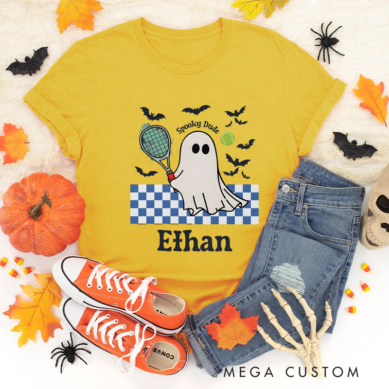 Personalized "Spooky Dude" Halloween T-Shirt with Ghost Tennis Design and Custom Name