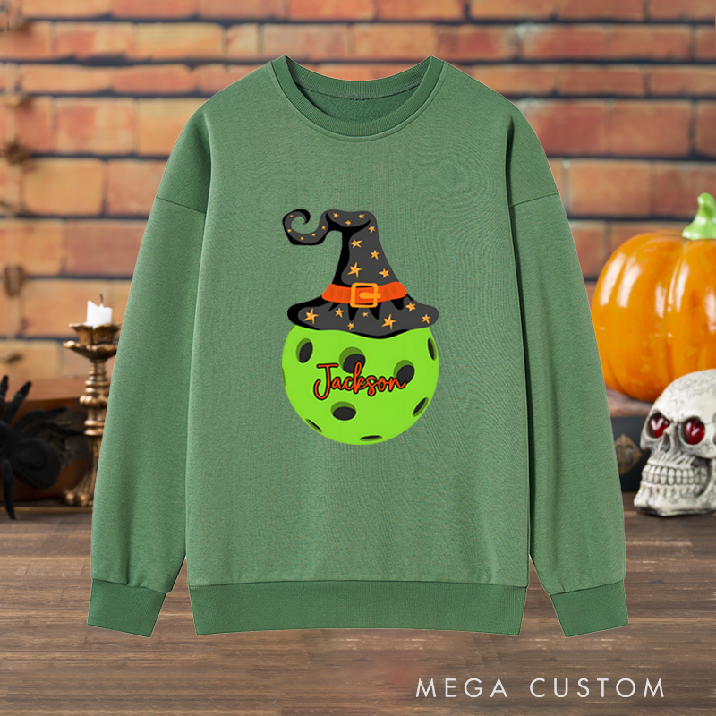 Personalized Halloween Pickleball Sweatshirt with Witch Hat and Custom Name Design