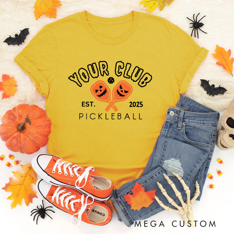 Personalized Halloween Pickleball Club T-Shirt with Custom Club Name and Year Design