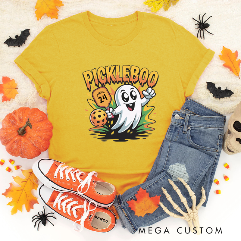 Personalized "Pickleboo" Halloween Pickleball T-Shirt with Customizable Name, Number, and Cute Ghost Design