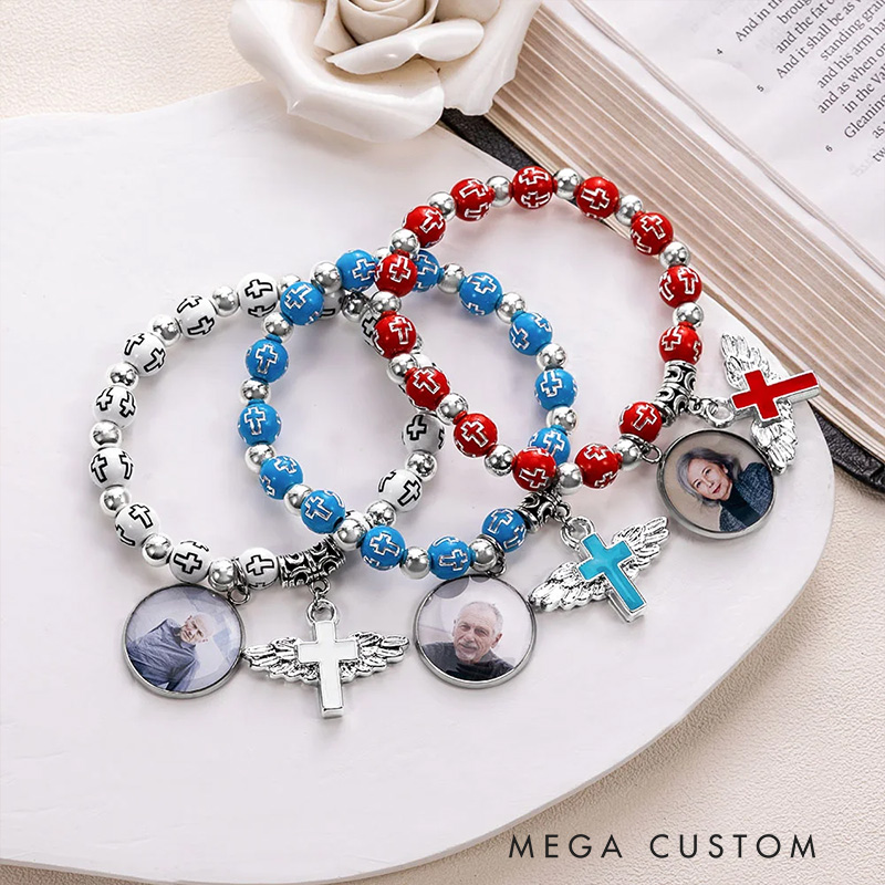 Personalized Cross Elastic Cord Commemorative Bracelet with Photo Religious Christmas Gift for Christian
