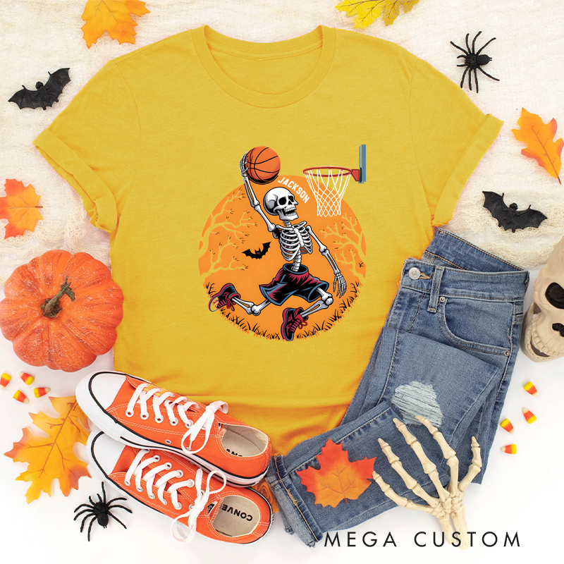 Personalized Halloween Basketball T-Shirt with Skeleton Dunking Design and Custom Name