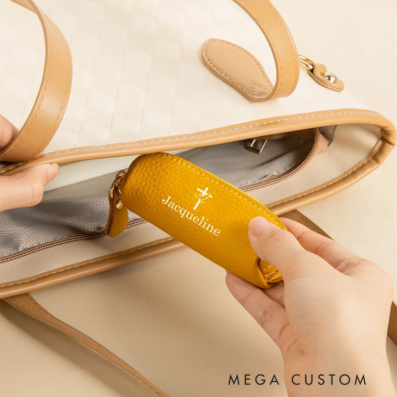 Personalized Cross Multicolor Mini PU Leather Coin Purse Rosary Bag with Name Birthday Religious Baptism Gift for Christians Catholic