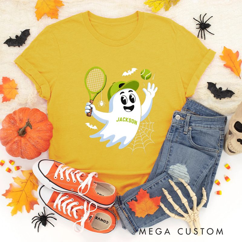 Personalized Halloween Tennis T-Shirt with Cute Ghost and Custom Name Design