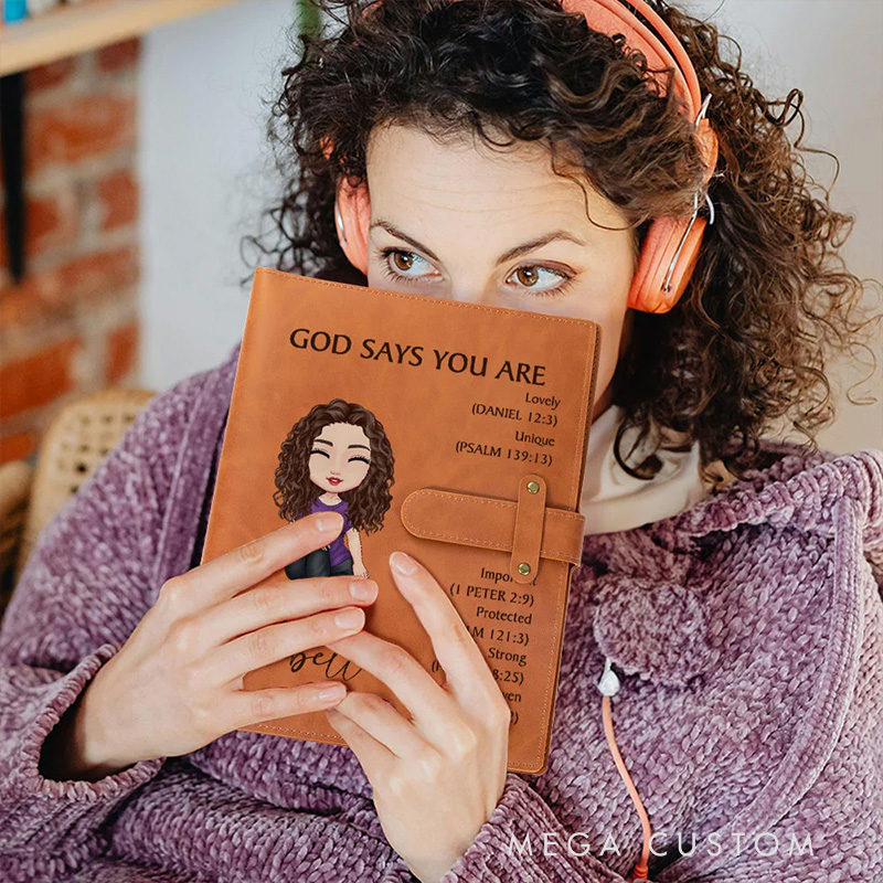 Personalized God Says You Are Cartoon Character A5 Leather Notebook Cover with Name Birthday Baptism Gift for Christian