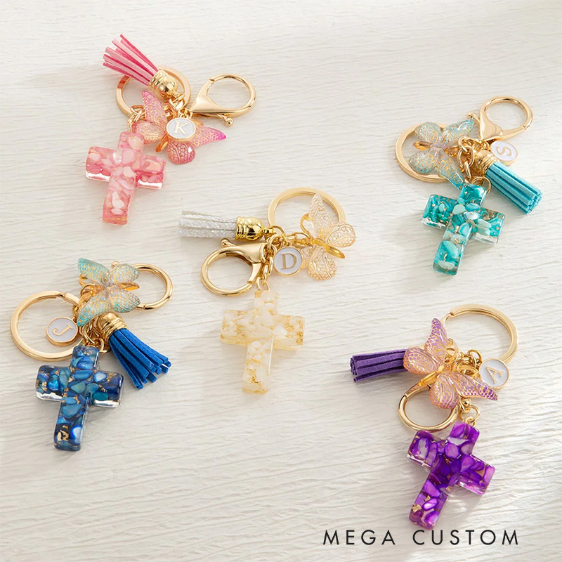 Personalized Gradient Butterfly Cross Charm Keychain with Initial and Tassel Prayer Religious Birthday Gift for Women Christian