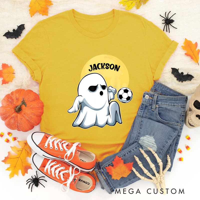 Personalized Halloween Soccer T-Shirt with Cute Ghost and Custom Name Design