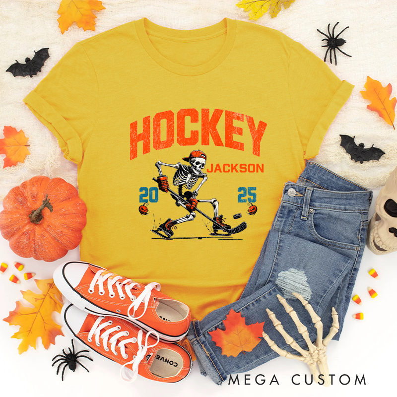 Personalized Halloween Hockey T-Shirt with Skeleton, Custom Name, and Year Design