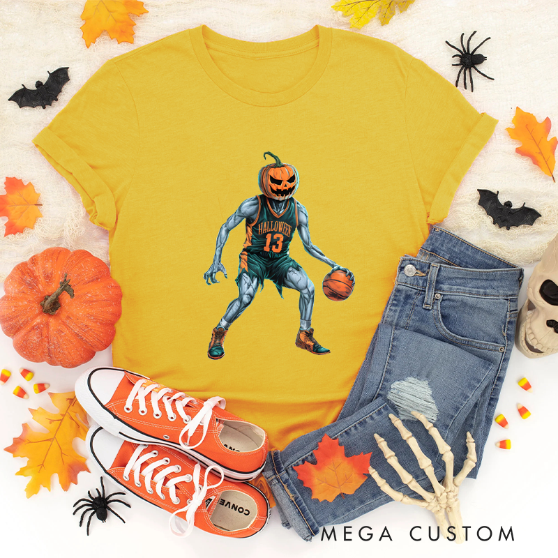 Personalized Halloween Basketball T-Shirt with Pumpkin-Head Player and Customizable Number Design