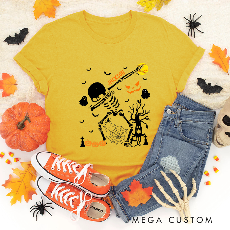Personalized Halloween Softball T-Shirt with Skeleton, Bat, Custom Name, and Number Design