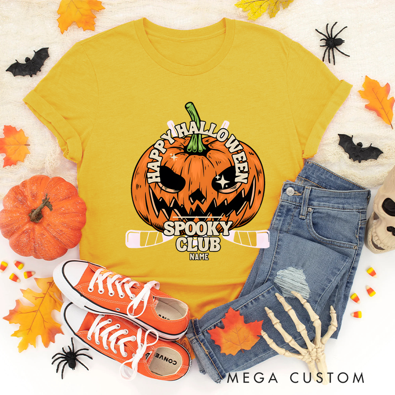 Personalized Halloween Hockey T-Shirt with Pumpkin Face and Custom Club Name Design
