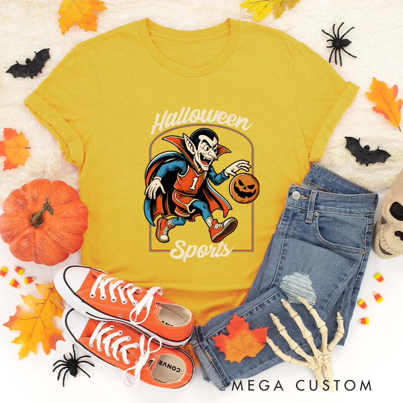 Personalized Halloween Basketball T-Shirt with Vampire, Pumpkin Ball, and Custom Number Design