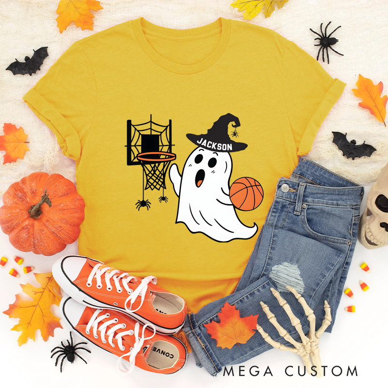 Personalized Halloween Basketball T-Shirt with Ghost, Hoop, and Custom Name Design