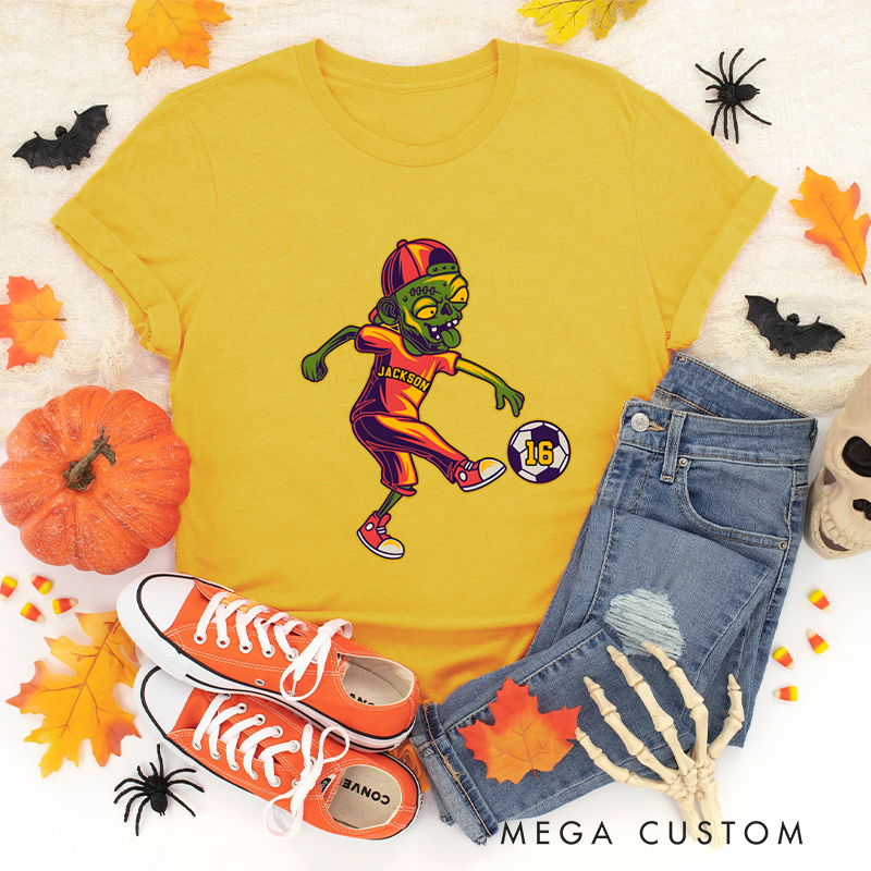 Personalized Halloween Soccer T-Shirt with Zombie Player, Custom Name, and Number Design