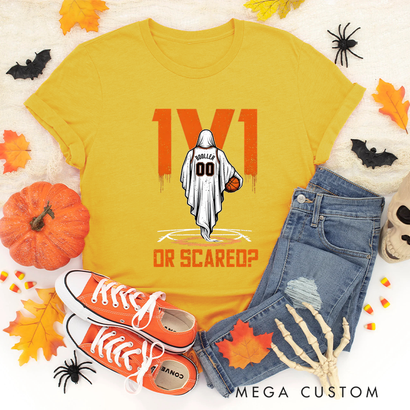 Personalized Halloween Basketball T-Shirt with Ghost Player, Custom Name, and Number Design