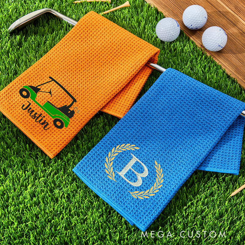 Personalized Golf Towel with Embroidered Name and Icon Design 