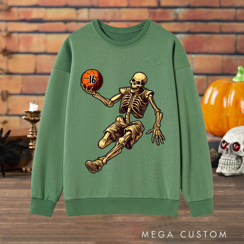 Personalized Halloween Basketball Sweatshirt with Skeleton Player and Custom Number Design