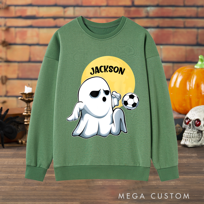 Personalized Halloween Soccer Sweatshirt with Ghost Player and Custom Name Design