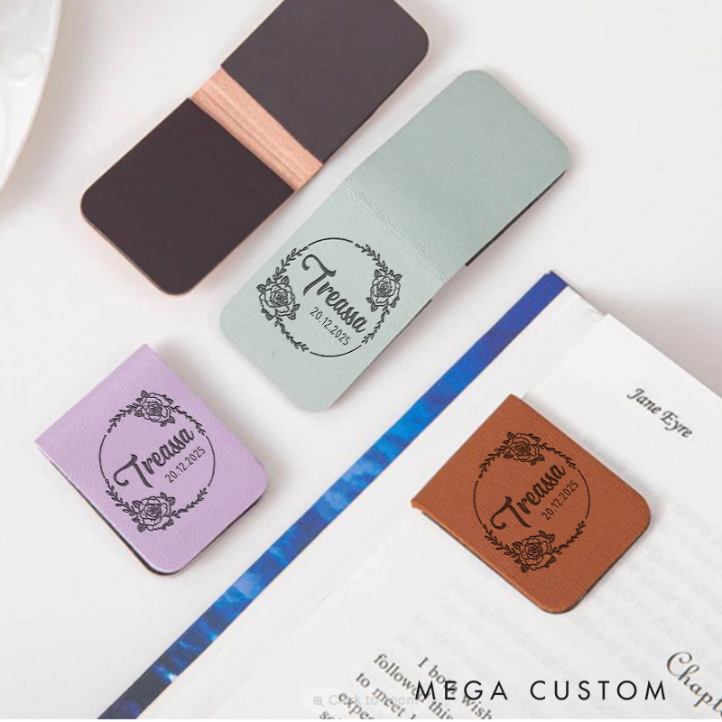 Personalized Floral Magnetic Bookmark Engraved Leather Bookmark Clip with Name Book Lover Gift Bookish Gift Reader Gift Librarian Gift